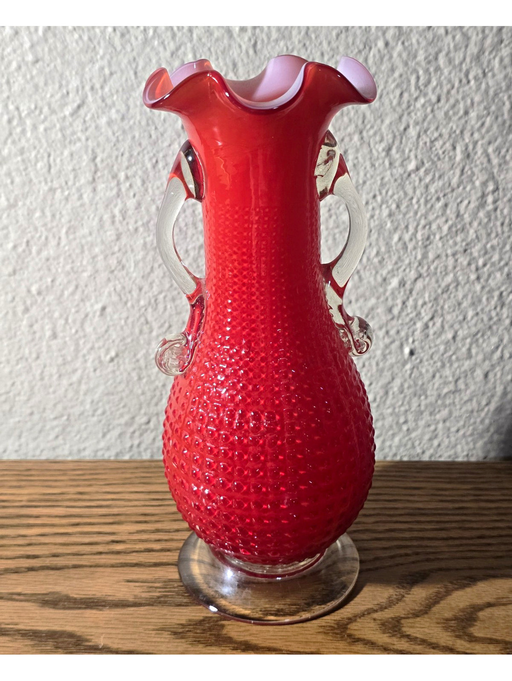Vintage Ruby Red Art Glass Vase Hobnail Ruffled Rim Clear Handles Footed 9"